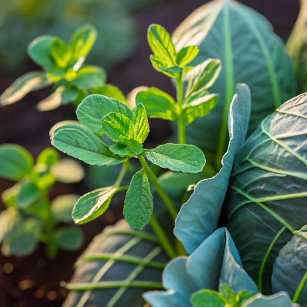 Mint growing alongside cabbage