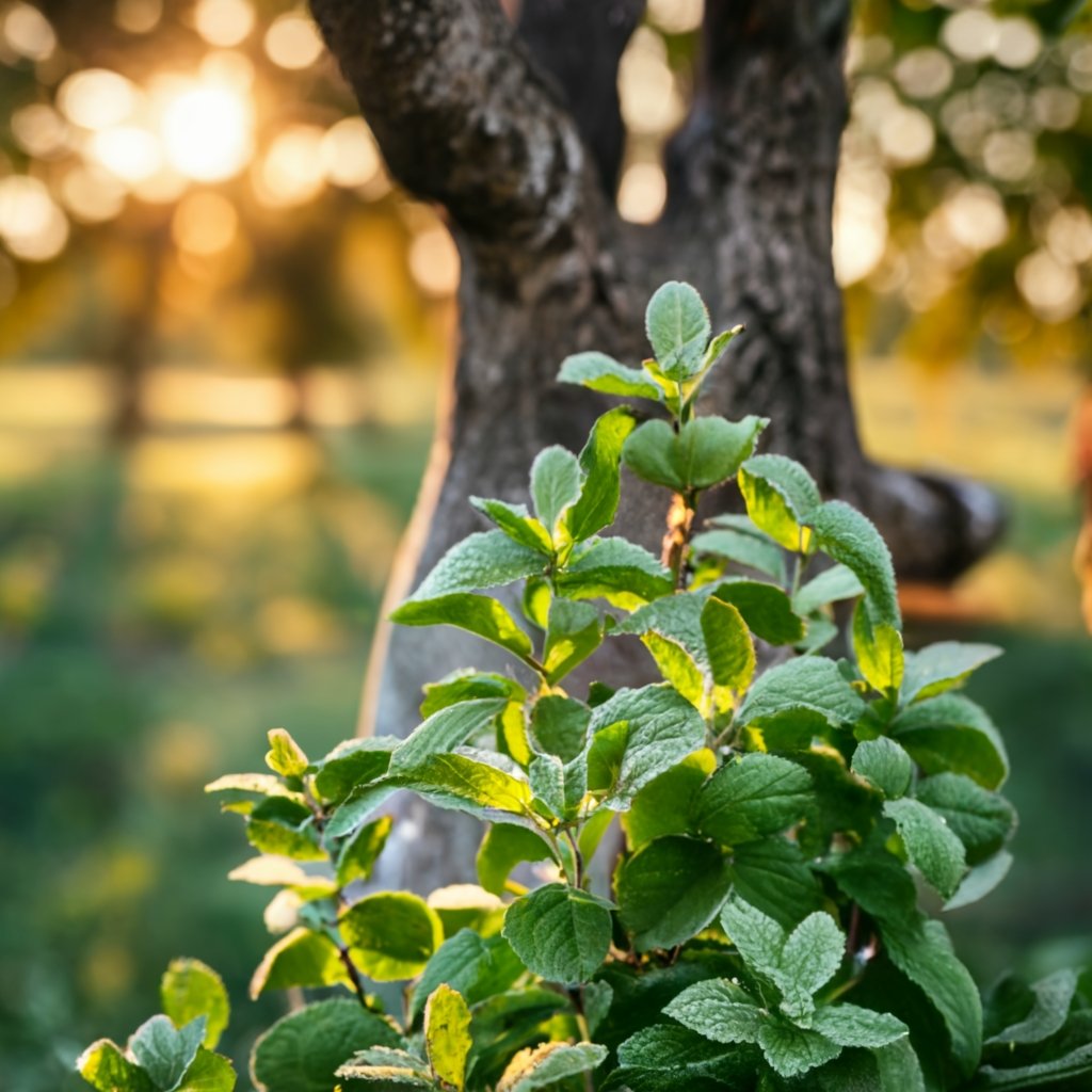 Mint growing near an apple tree