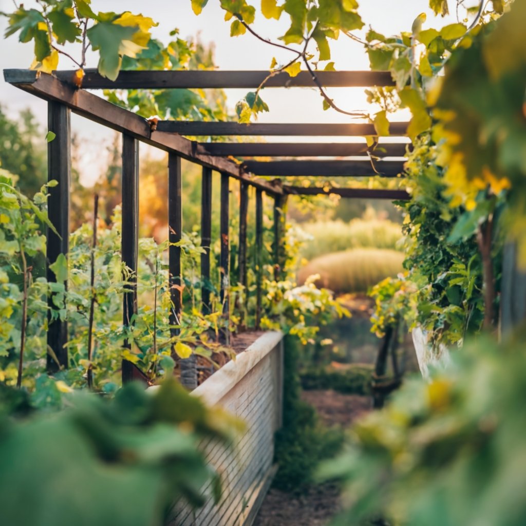 a grape trellis in a small home garden