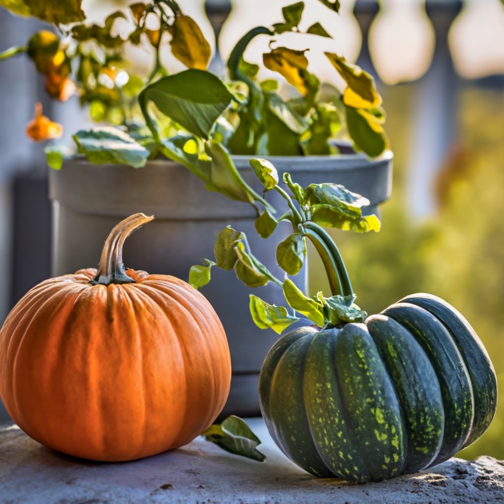 Pumpkins growing in containers on a balcony