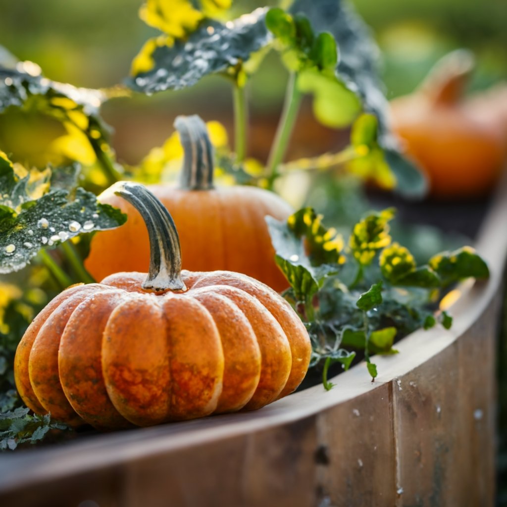 Pumpkins growing in raised wooden beds