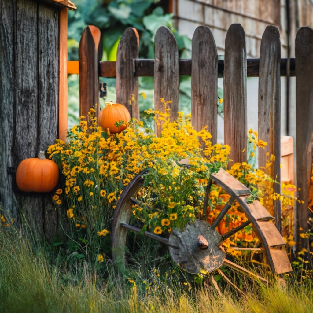 Pumpkins growing near a rustic garden fence