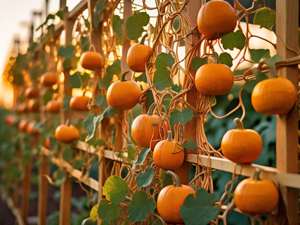 Pumpkins hanging from wooden trellises