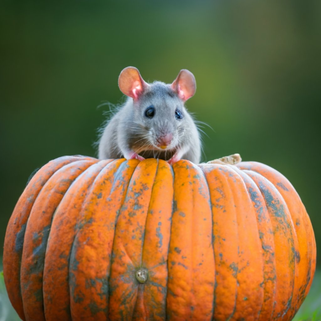 Rat sitting on a large pumpkin