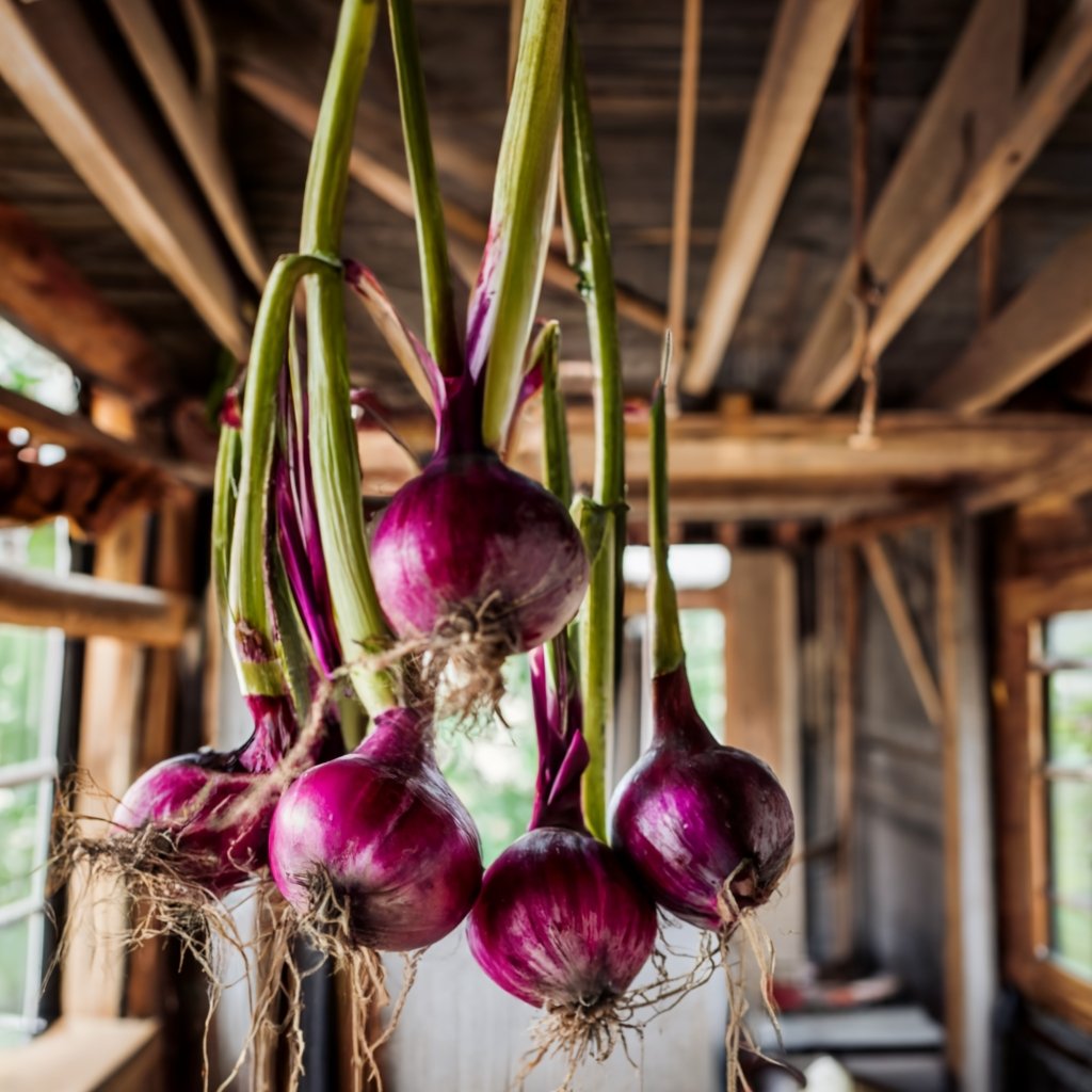 Red onions hung in bunches for curing in a garden shed.