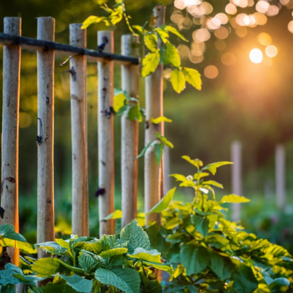 Rustic raspberry trellis in a garden