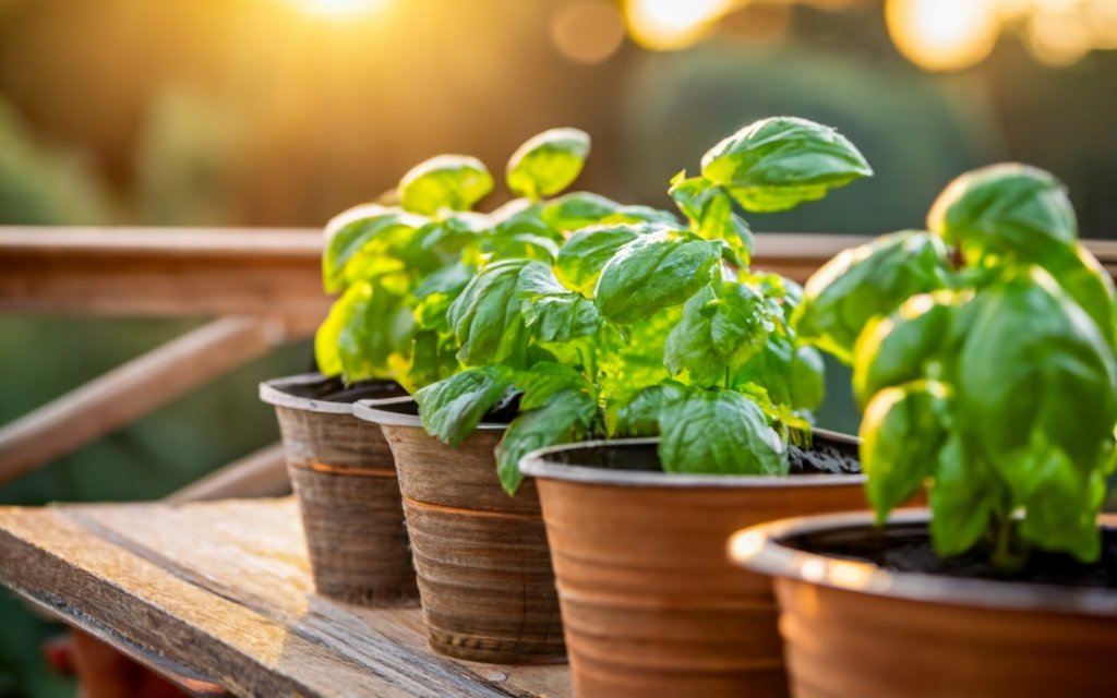 Several basil pots on a wooden balcony