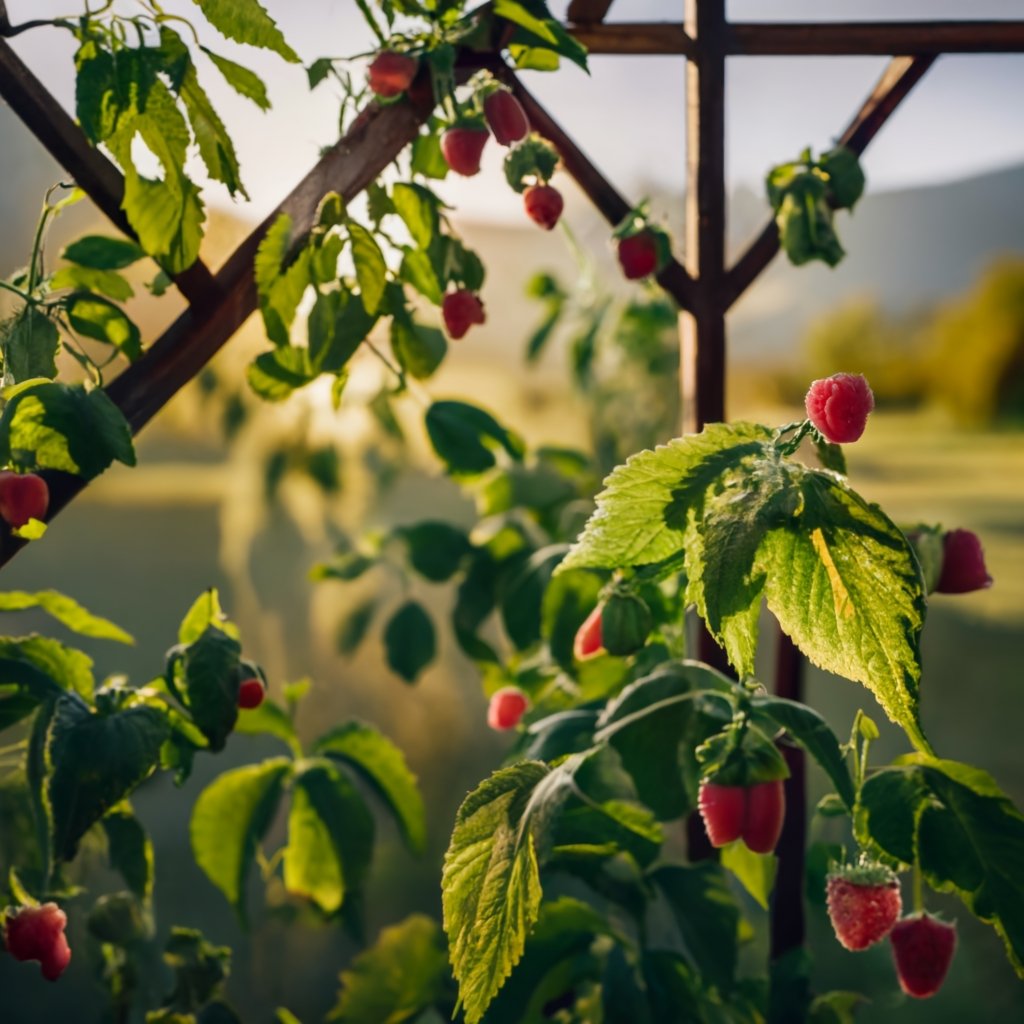 Shadows playing on a rustic raspberry trellis