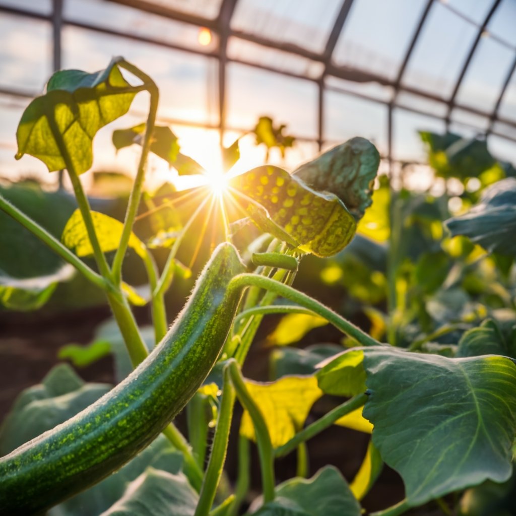 Sunlight streaming into a greenhouse with cucumber plants