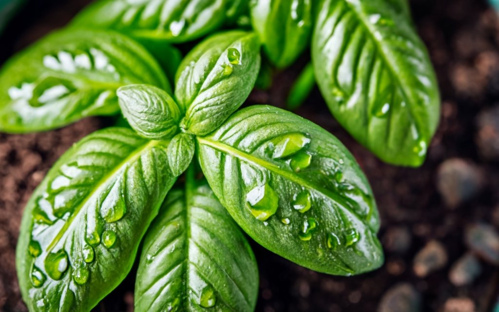 Water droplets on basil leaves in a container