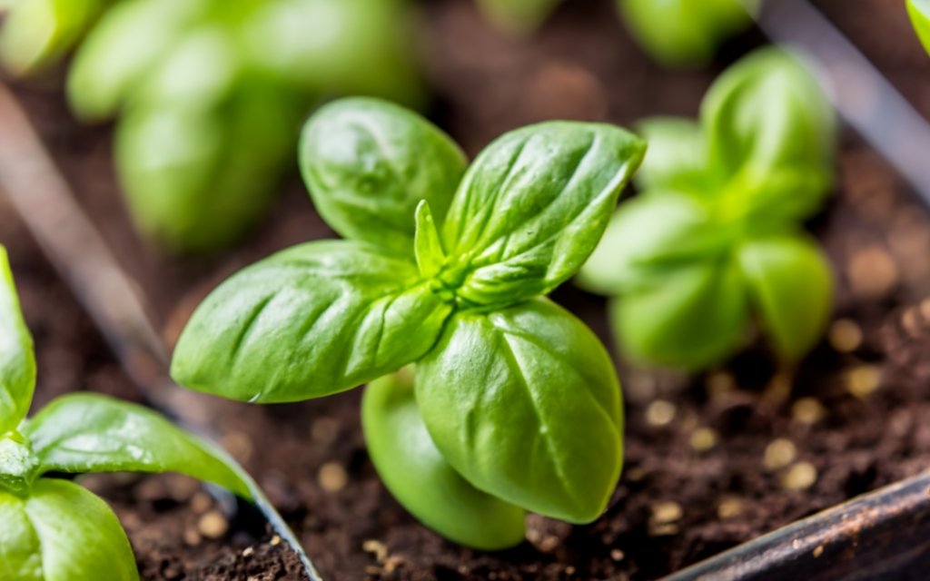 Young basil seedlings in a container