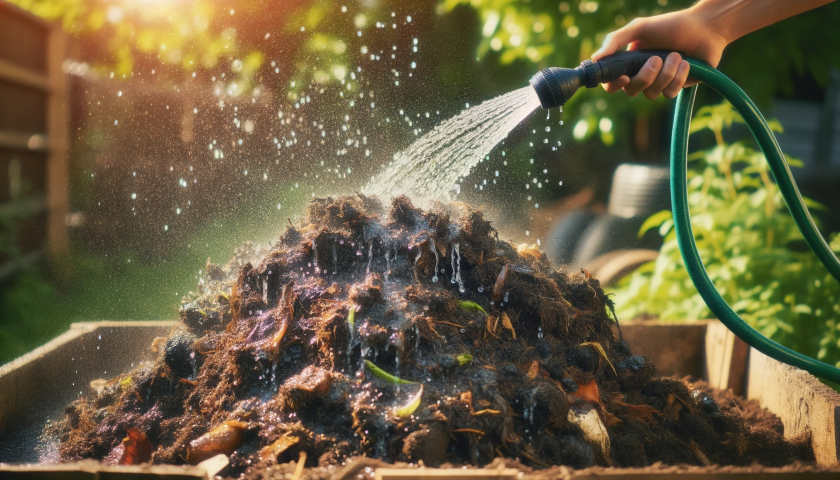 a compost pile being watered with a garden hose