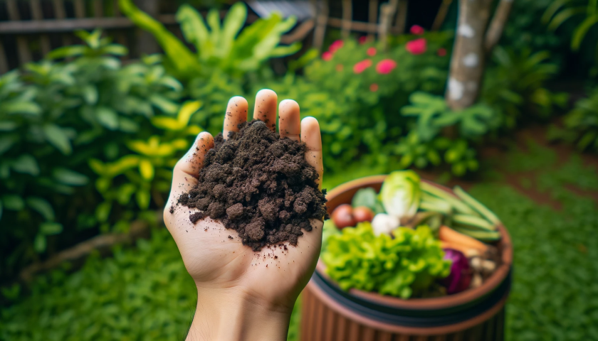 a handful of dark brown, crumbly compost against a garden backdrop