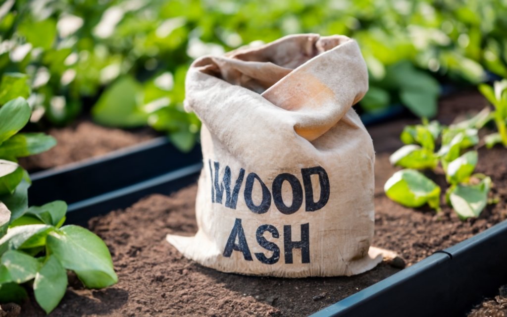 bag of wood ash near a raised garden bed