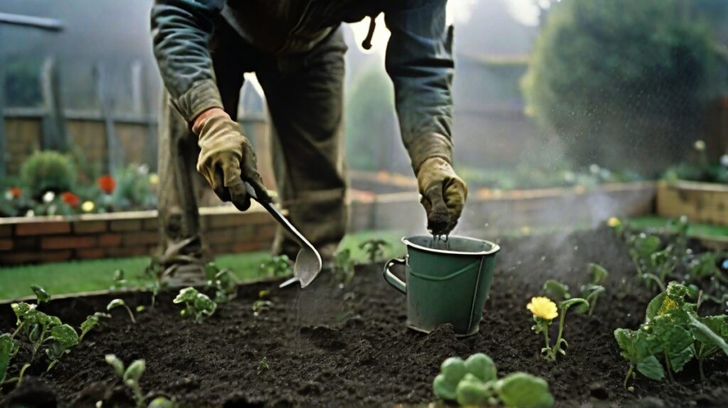 gardener lightly sprinkling ash over a garden bed