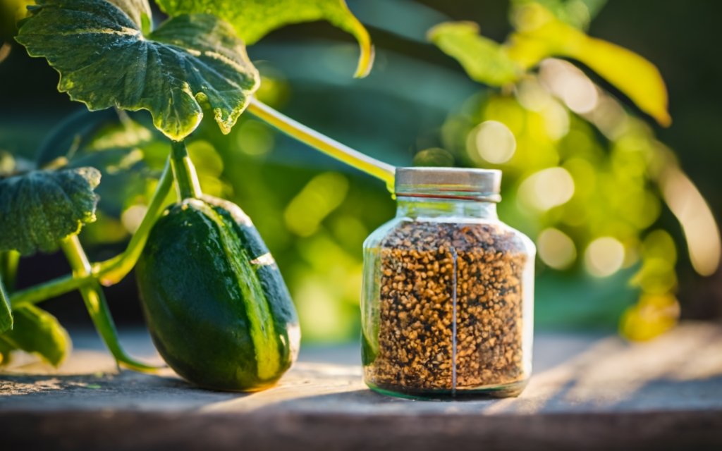 granular fertilizer next to a cucumber plant