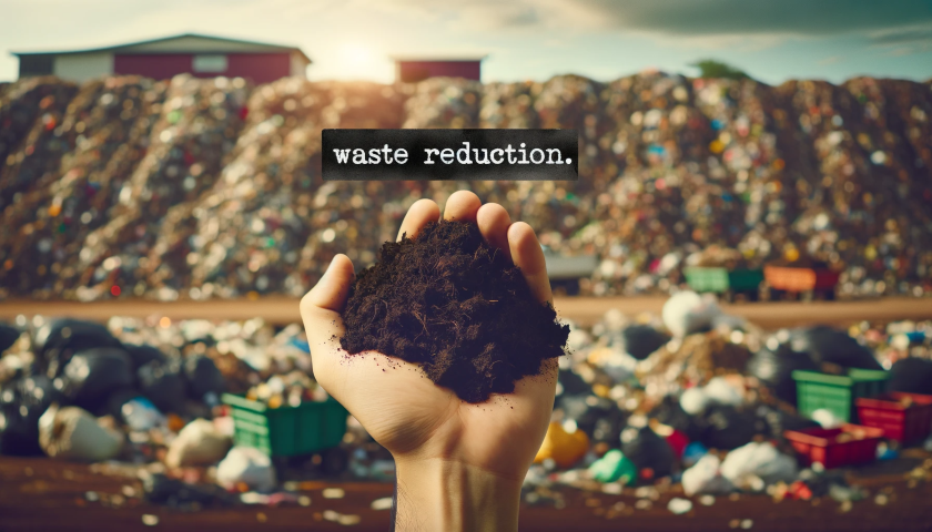 hand holding compost in front of landfill, text overlayed says 'waste reduction' 