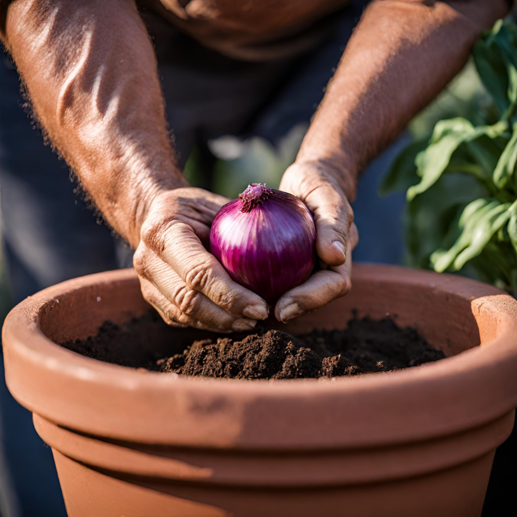 hands planting a red onion bulb in a container2