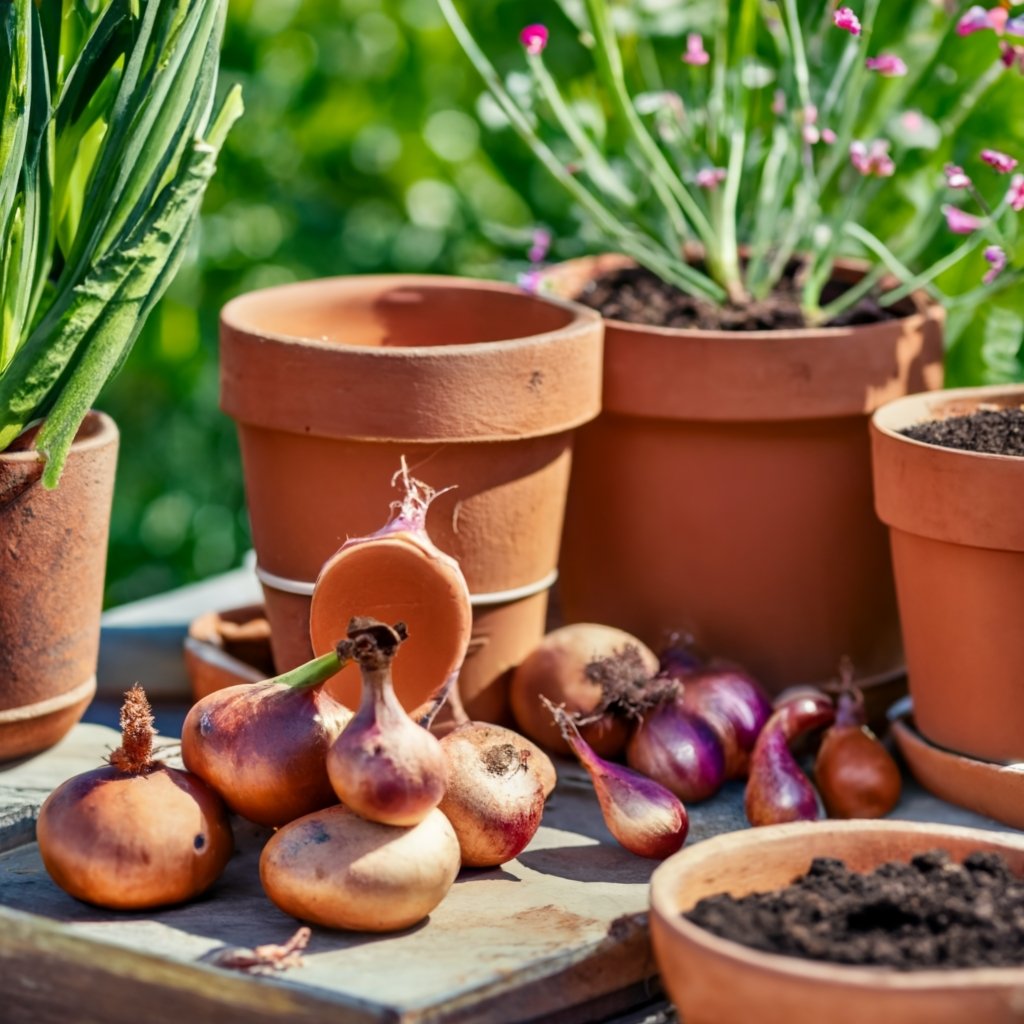 onion sets ready to be planted into pots