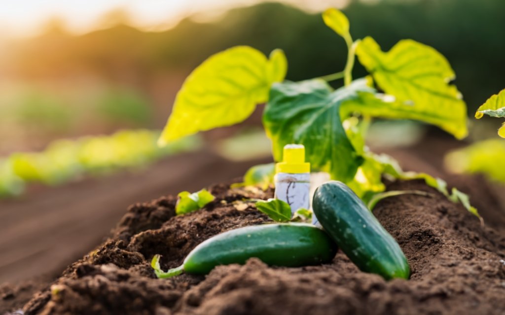 pH testing kit next to a cucumber plant