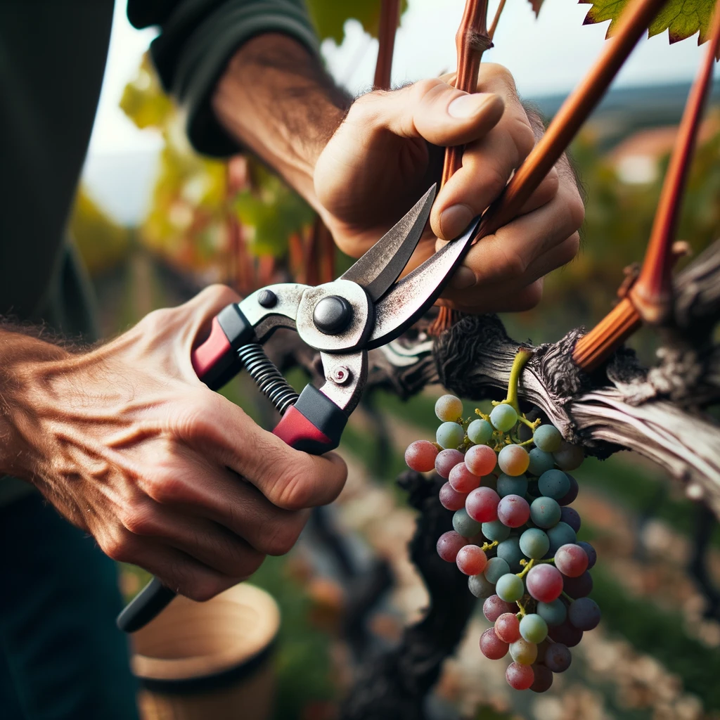 a gardener pruning a grape vine