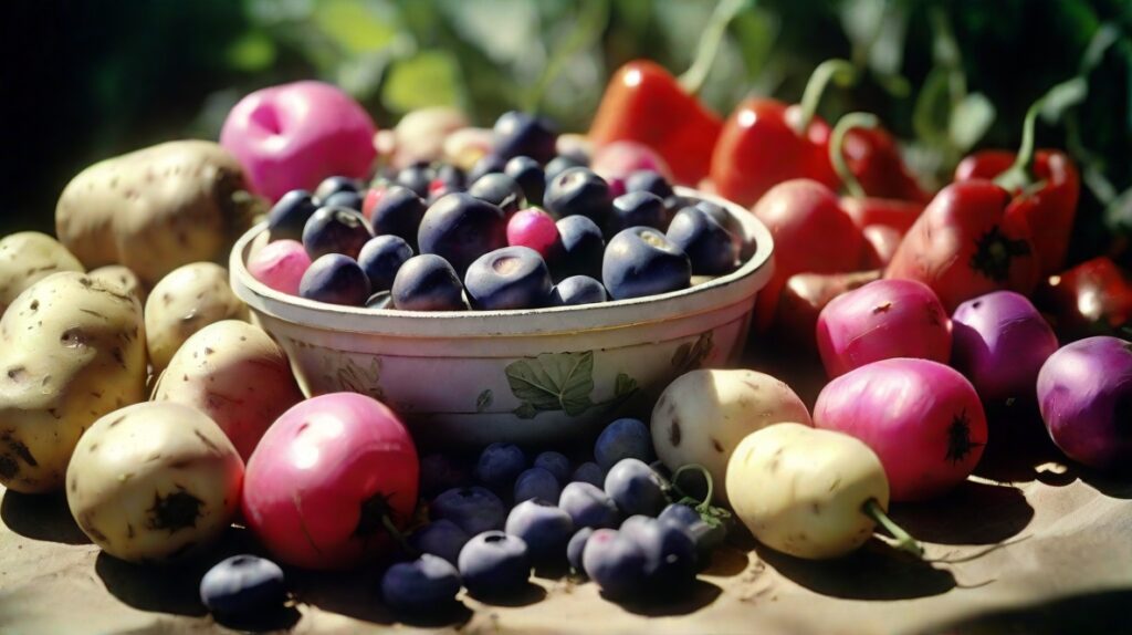 potatoes, blueberries, radishes, and peppers