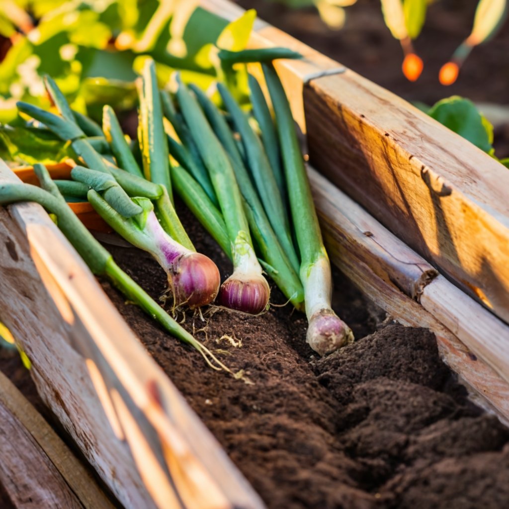 red onions growing in wooden crates