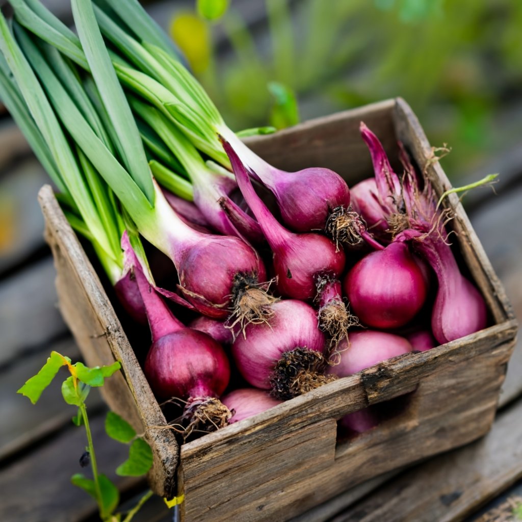 rustic setting of red onions in container