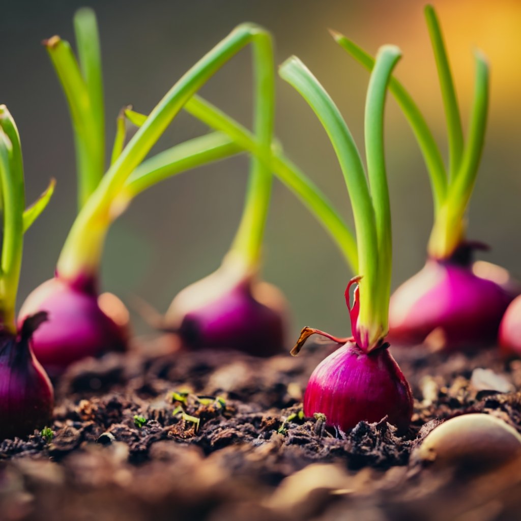 young red onions sprouting in a container