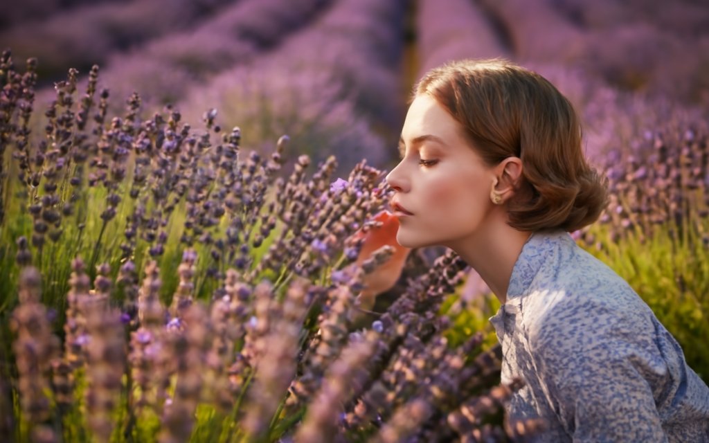 Artistic shot of lavender hedge with vintage lens