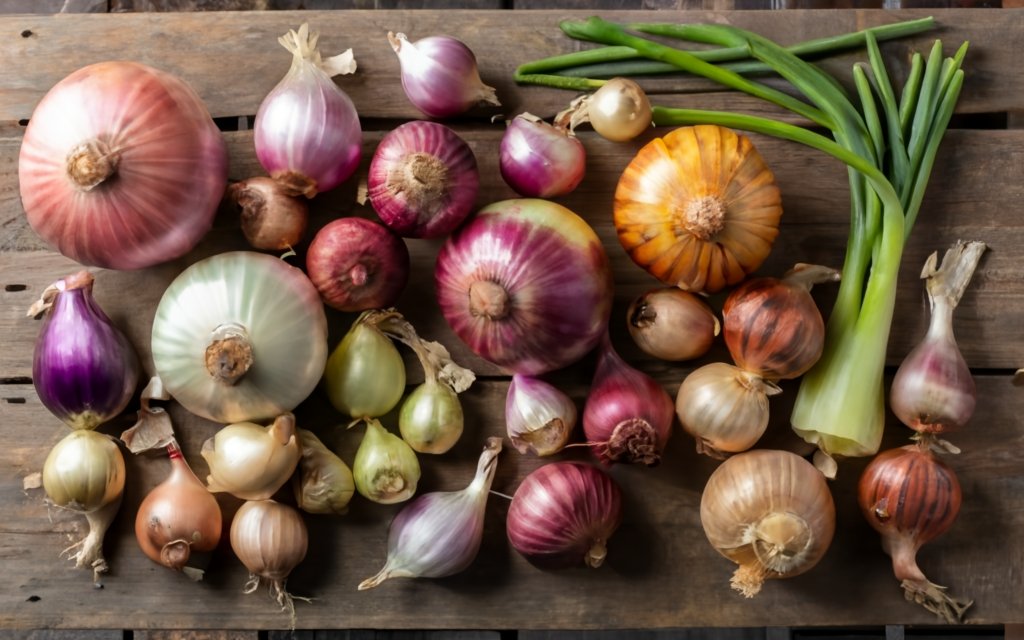 Collage of different onion varieties