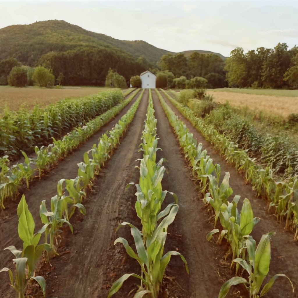 Country garden with rows of succession planted corn