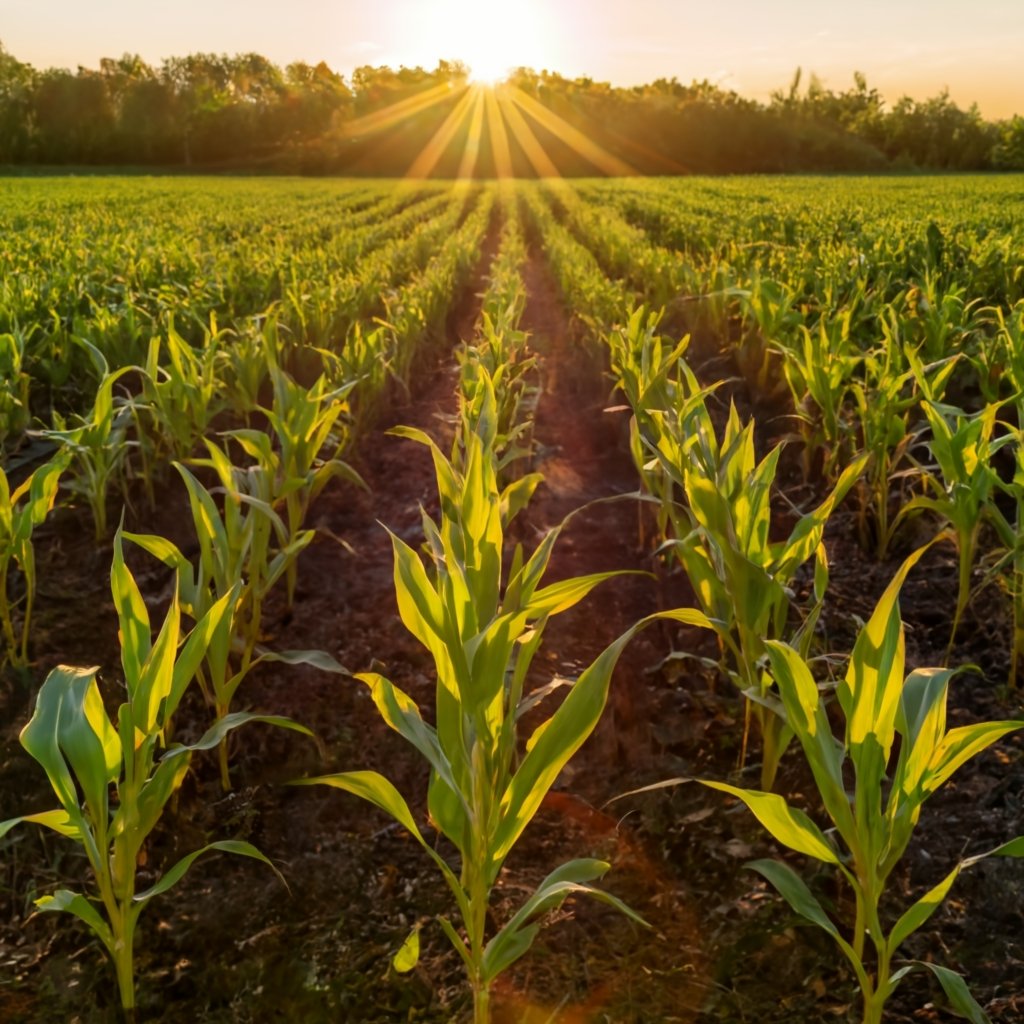 Different stages of corn growth in a field