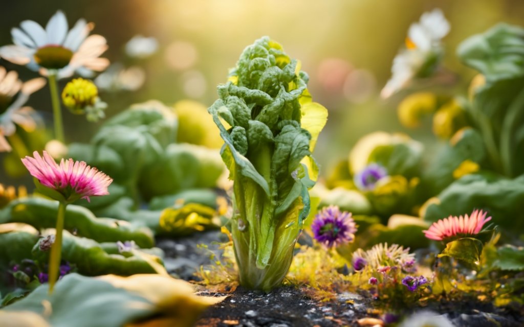 Elongated stem and small flowers of bolting lettuce in an overgrown garden