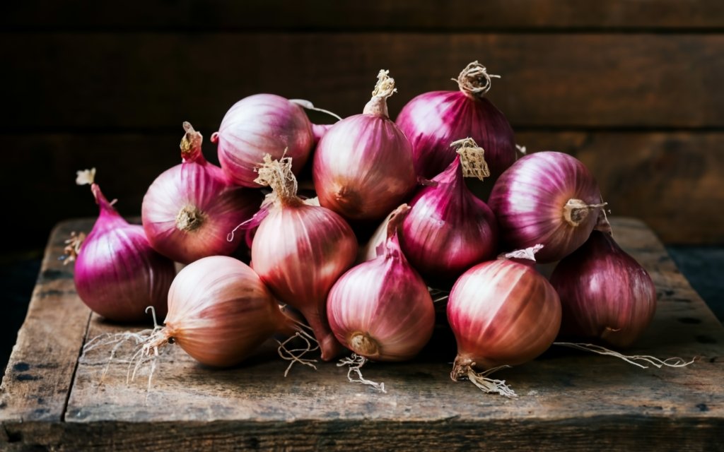 Freshly harvested homegrown onions on a rustic table