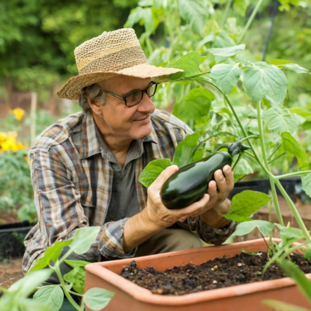 Gardener inspecting eggplant leaves for pests in a container