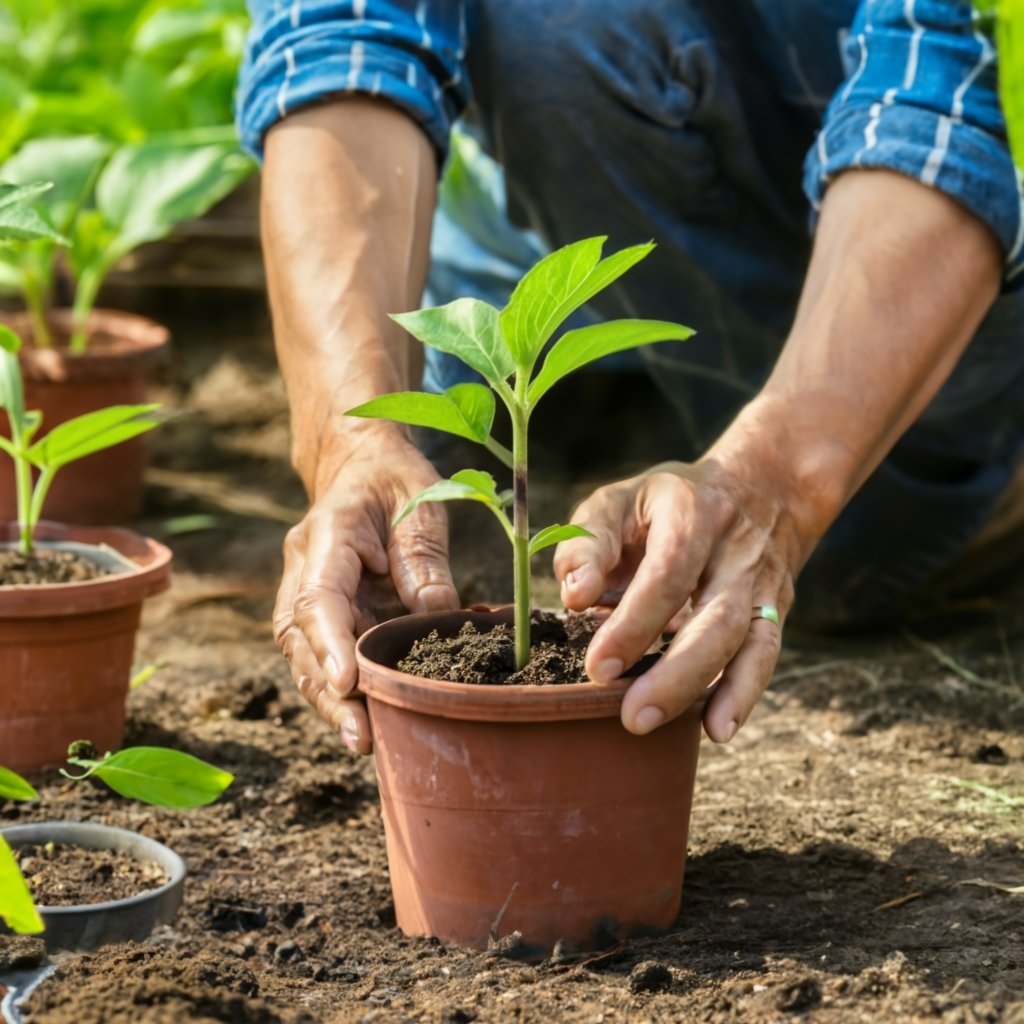 Gardener potting eggplant seedlings into larger containers