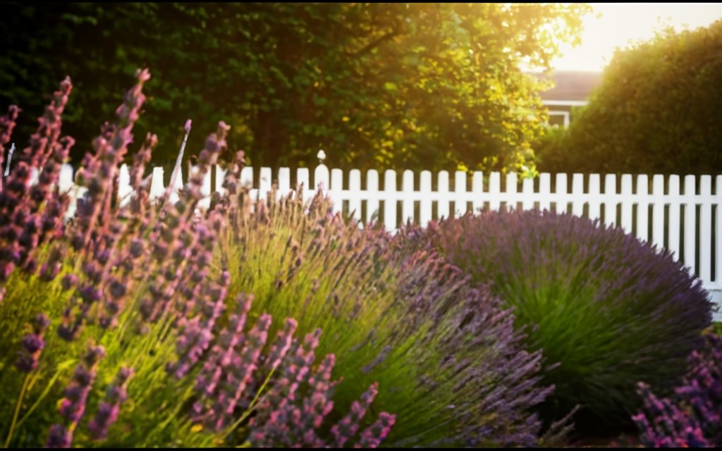 Lavender hedge by a white picket fence