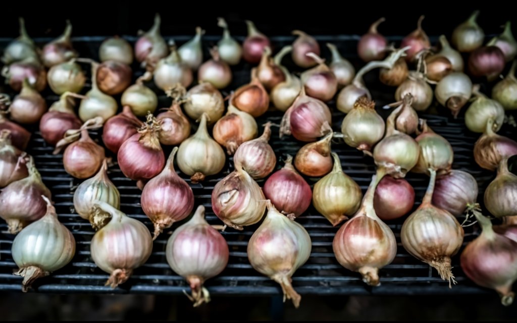 Onions being cured on wire racks or mesh baskets