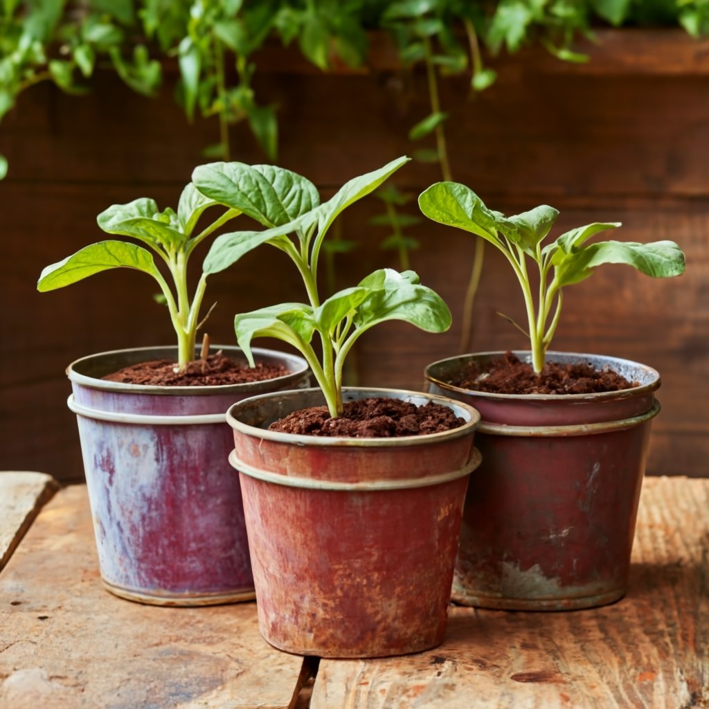 Rustic setting of eggplants growing in recycled containers