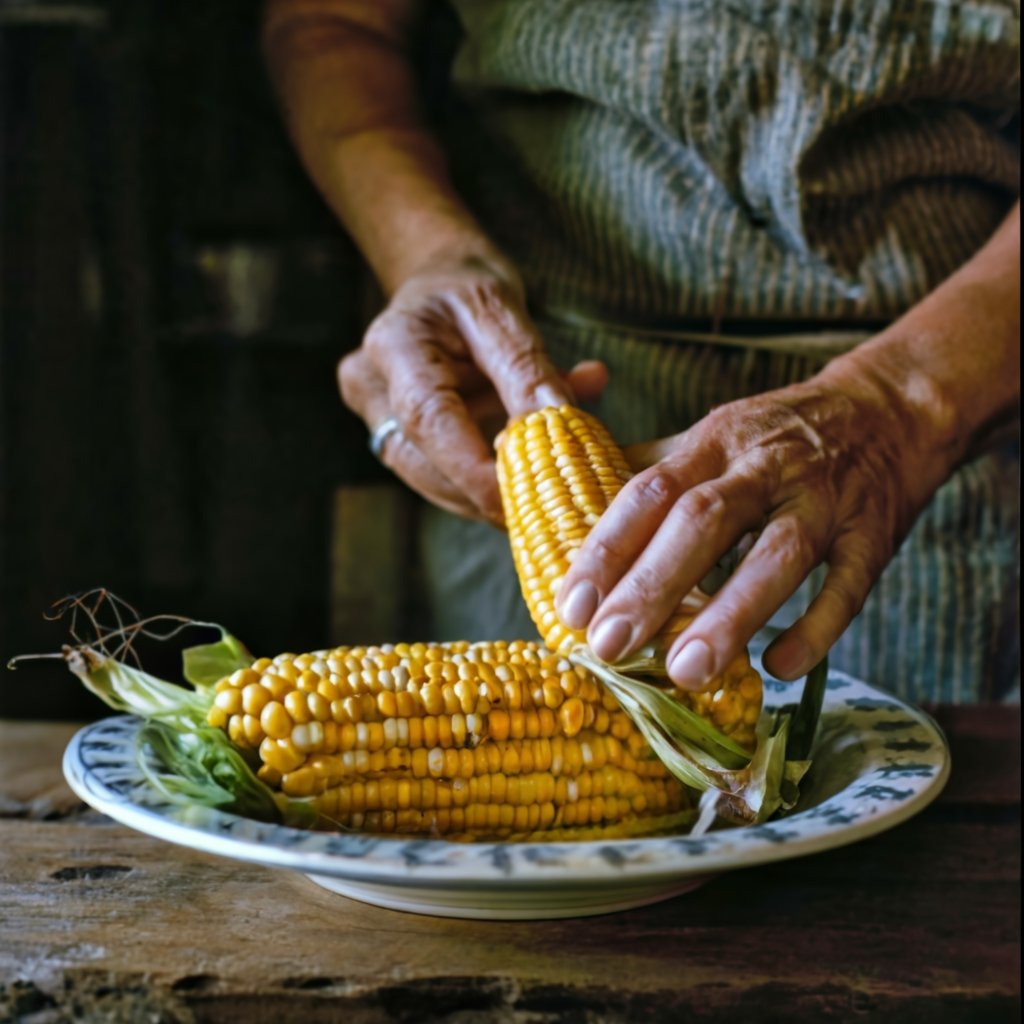 Shucking corn in a rustic country kitchen