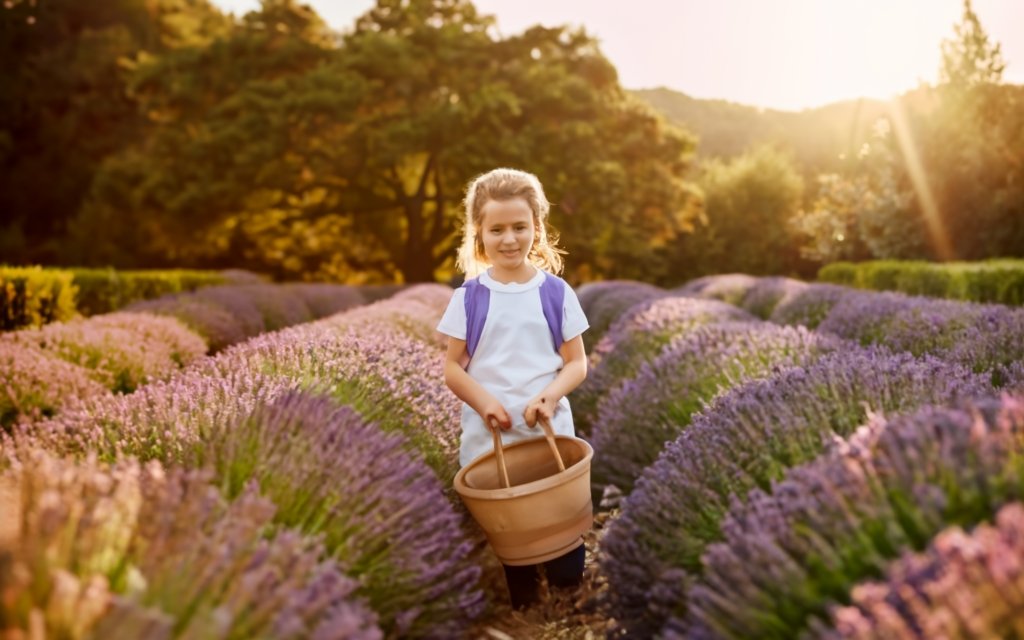 Young child helping to plant a lavender hedge