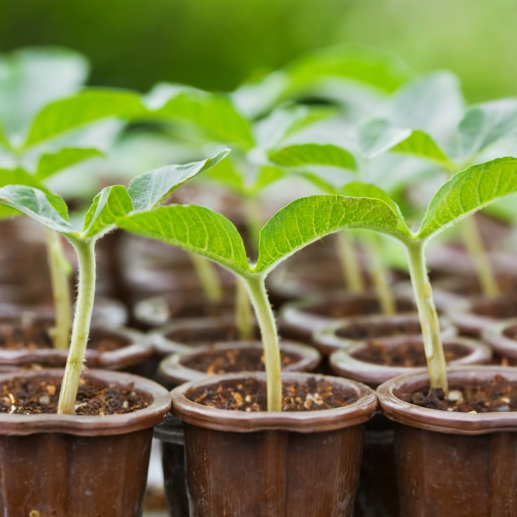 Young eggplant seedlings in small containers