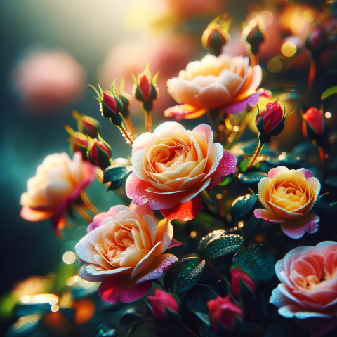 blooming roses on a freshly pruned rose bush