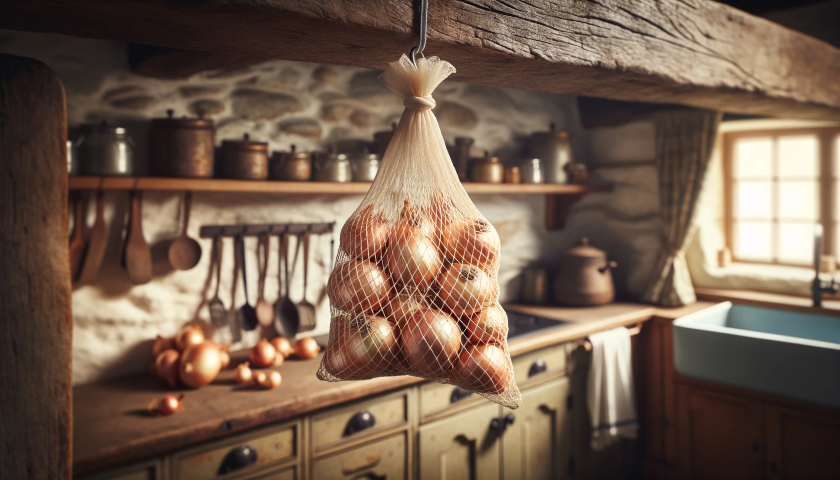 hanging mesh bag with onions in a country kitchen