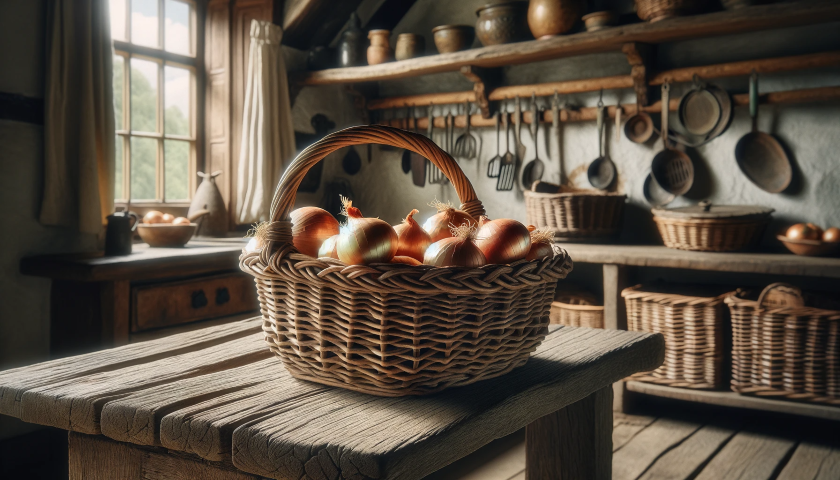 wicker basket with onions in country kitchen